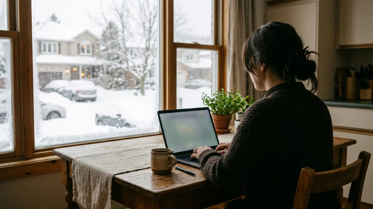 A person at a kitchen table with a laptop and a mug of coffee, a snowy street visible through the window