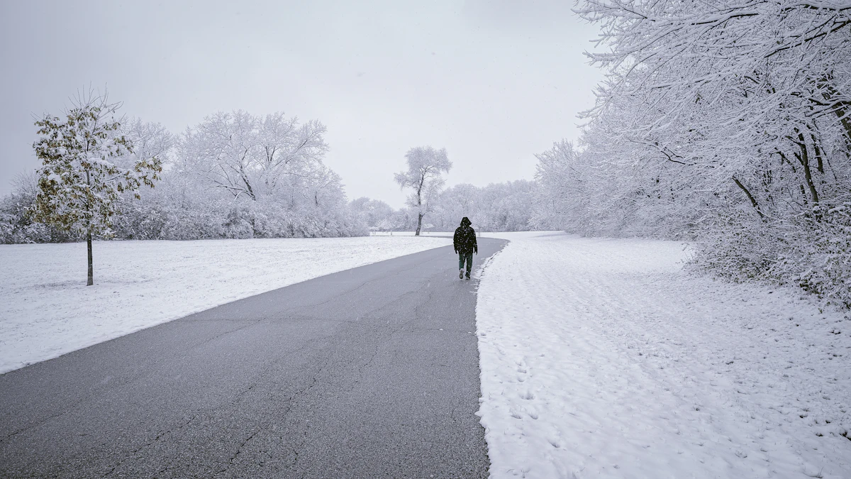 A person walking alone along a snow-covered road in winter