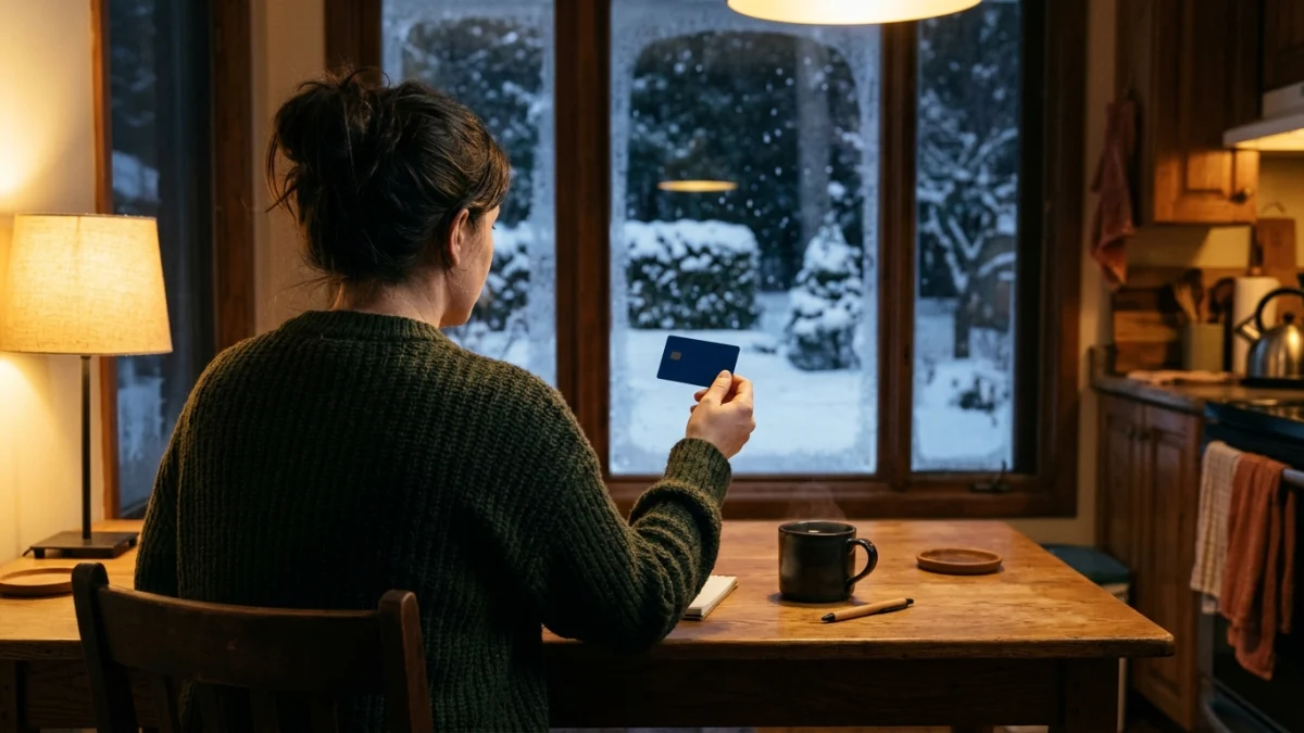A person at a kitchen table holding a plain credit card, with a mug of tea and a snowy backyard through the window