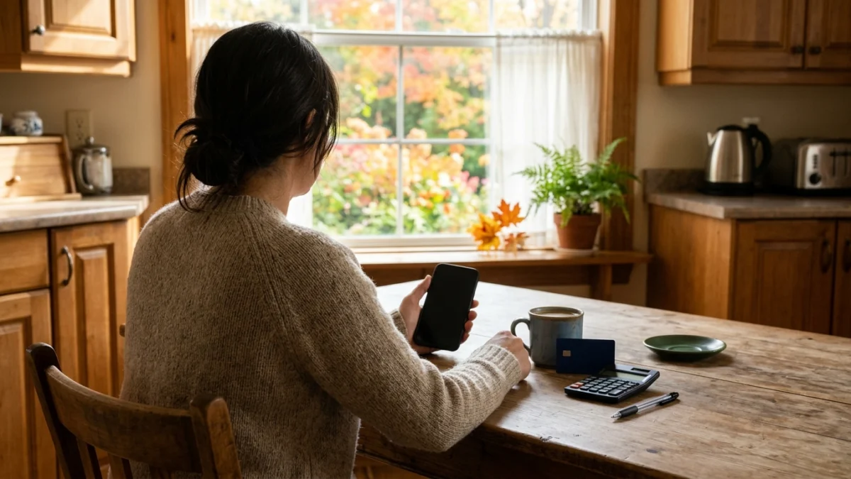 A person at a kitchen table with a phone, a coffee, a plain credit card and a calculator