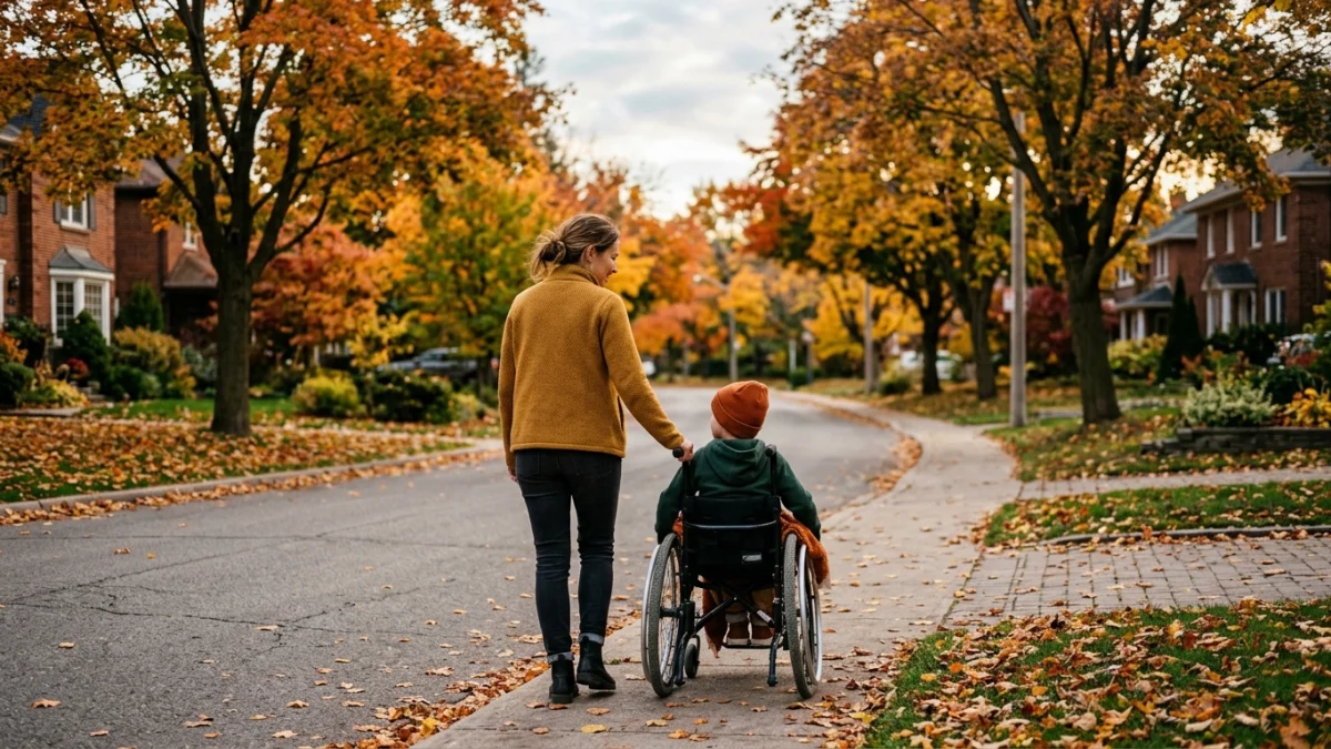 Illustration of a parent walking beside a child in a wheelchair on a tree-lined street in autumn
