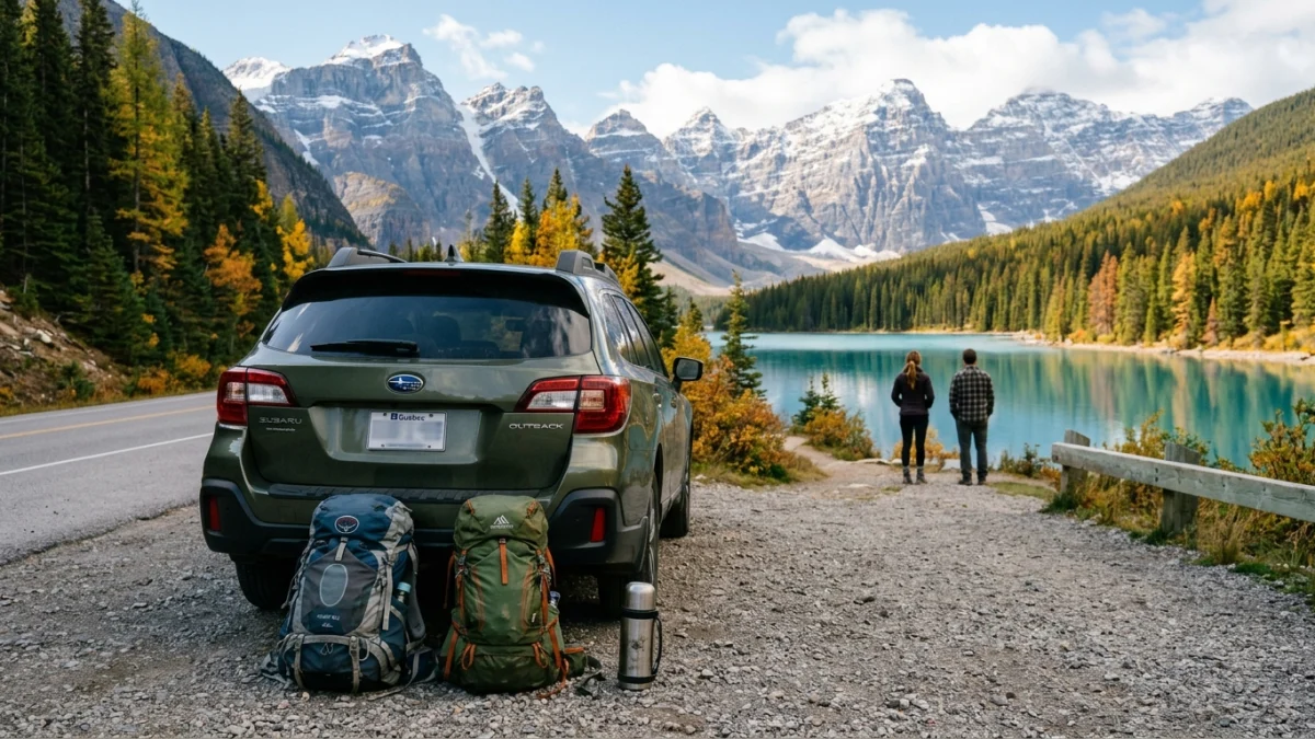 A car parked at a mountain lake viewpoint in the Rockies with hiking backpacks beside it